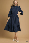 Umgee Navy Textured Midi Dress with Ruffle Shoulder