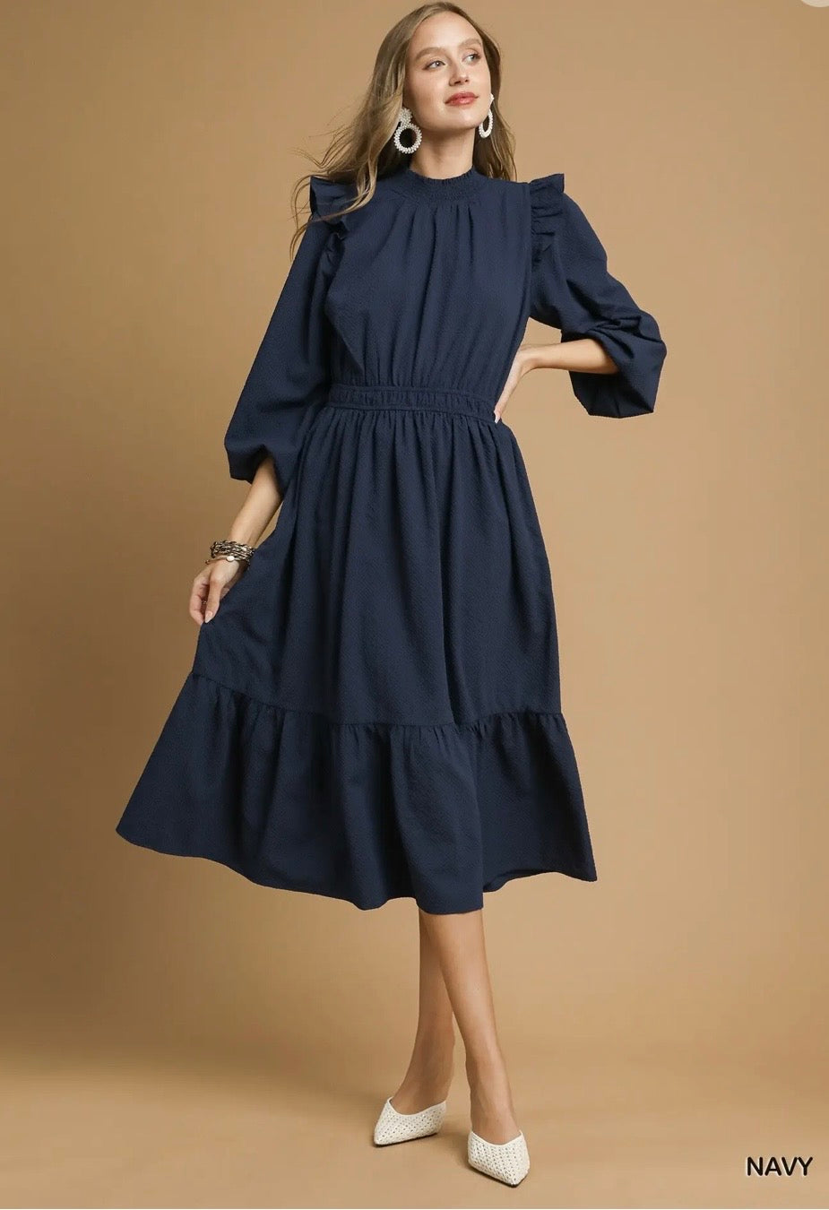 Umgee Navy Textured Midi Dress with Ruffle Shoulder