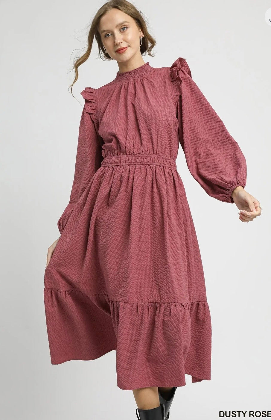 Umgee Textured Midi Dress with Ruffle Shoulder