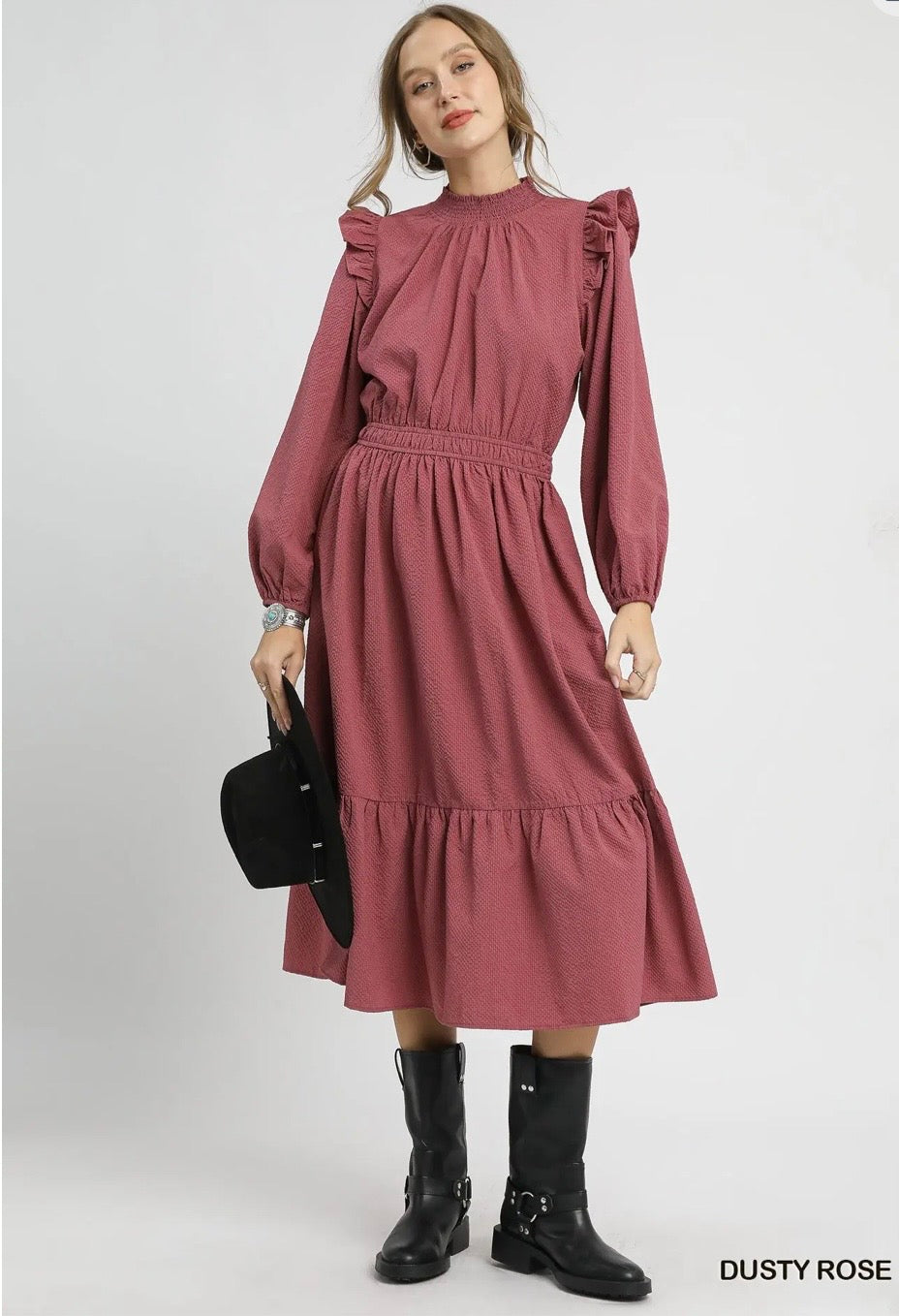 Umgee Textured Midi Dress with Ruffle Shoulder