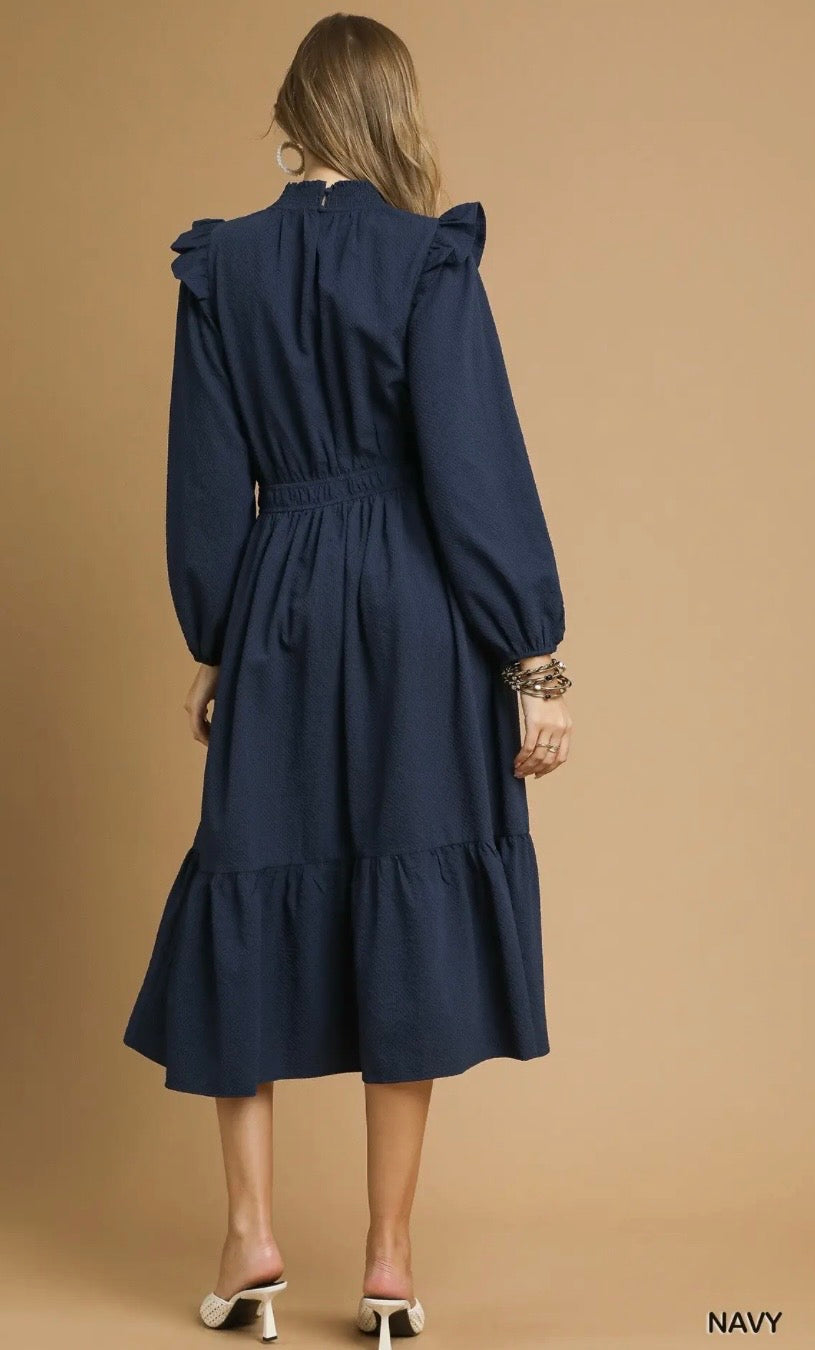 Umgee Navy Textured Midi Dress with Ruffle Shoulder