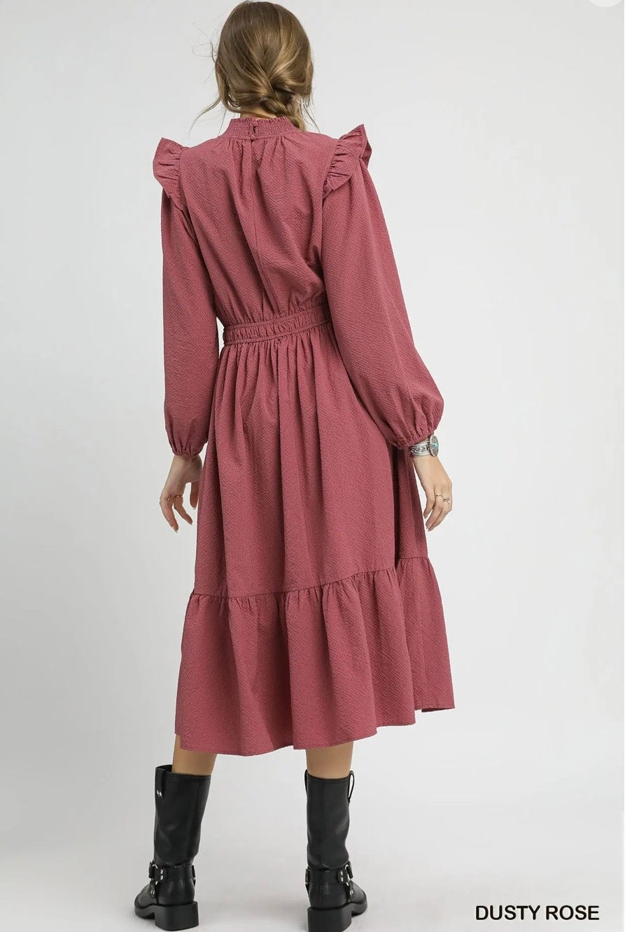 Umgee Textured Midi Dress with Ruffle Shoulder