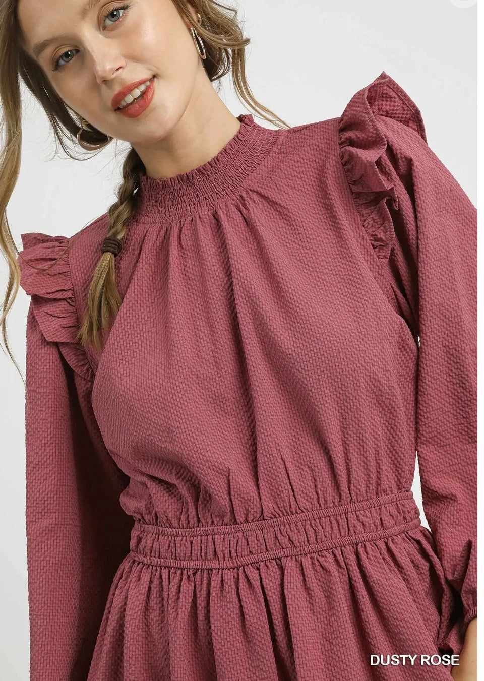 Umgee Textured Midi Dress with Ruffle Shoulder